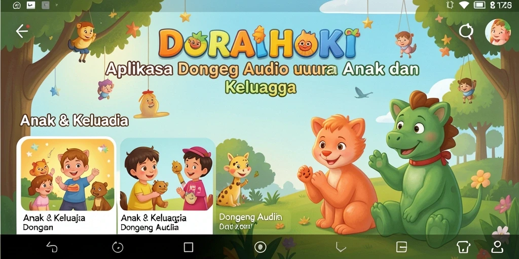 Antarmuka DORAHOKI yang ramah anak dengan pilihan cerita beragam.