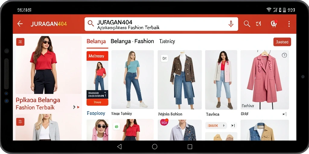 Antarmuka aplikasi JURAGAN404 menampilkan berbagai pilihan fashion menarik.